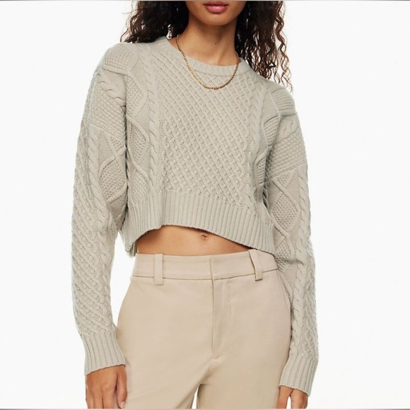Aritzia Sunday Best Peggy Cream Cable Knit Crew Neck Sweater Oversized Crop XXS - Picture 1 of 11
